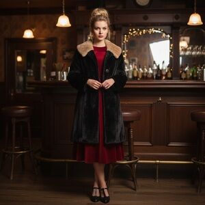 VTG 50s/60s Womens Coat Sz L Fur Black Brown Midi Large Collar Mad Men Retro